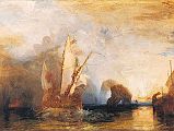 London National Gallery Next 20 15 JMW Turner - Ulysses deriding Polyphemus JMW Turner - Ulysses deriding Polyphemus, 1829, 133 x 203 cm. Ulysses and his men were sailing back from the Trojan War and stopped off at an island to look for food. Suddenly they came face to face with Polyphemus, a ferocious one-eyed giant Cyclops. The giant attacked and ate four of Ulysses men. That night Ulysses heated a sharpened stake in a fire and plunged it into the giants huge eye. They escaped back to their ship and sailed away. Turner has disguised Polyphemus as a mountain top and made the spirits of the sea look like waves in front of Ulysses ship. The horses of the sun god, Apollo, are painted just above the rising sun.